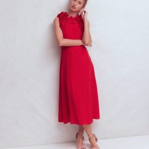 Ruffle Silk Midi Dress-Red