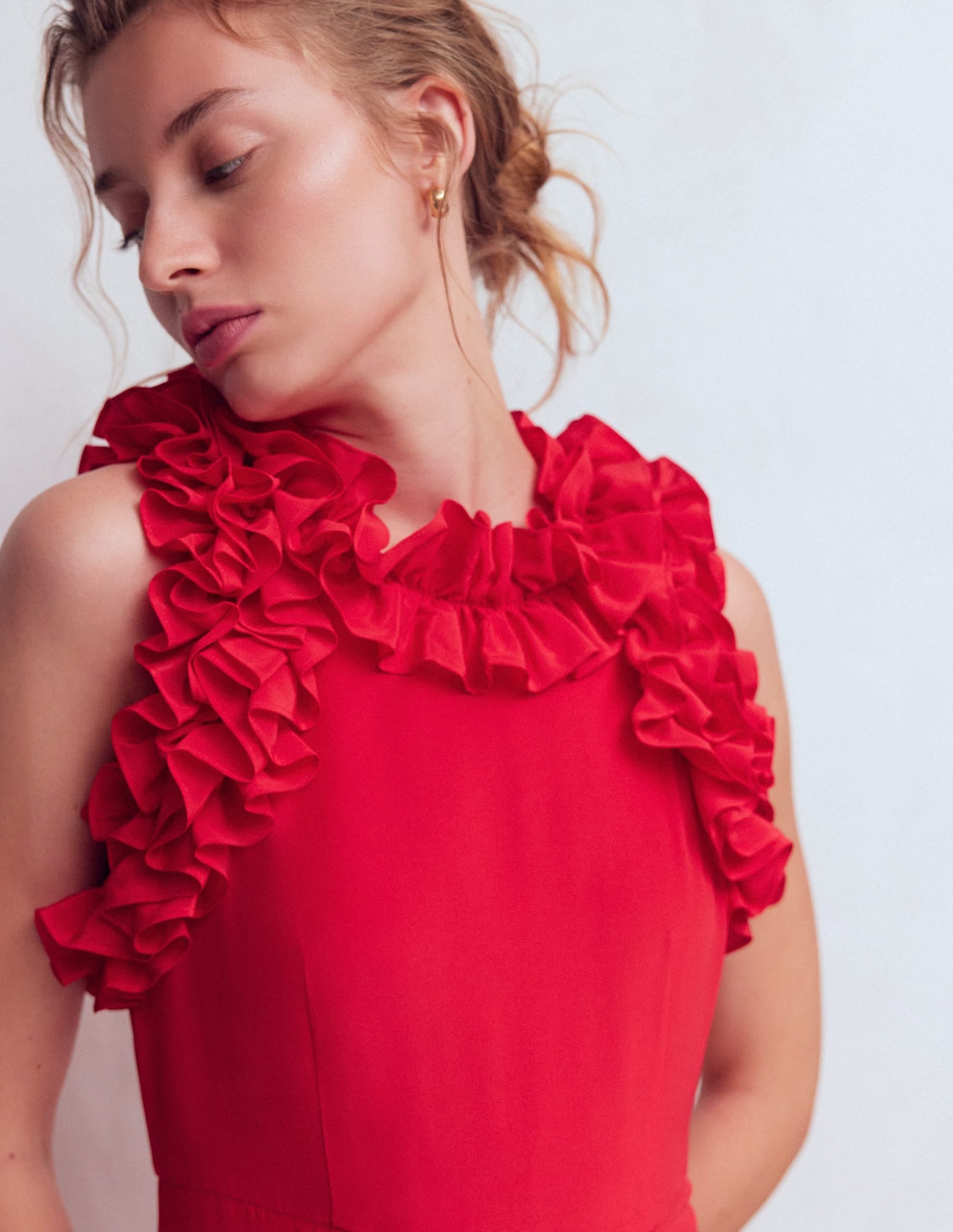 Ruffle Silk Midi Dress-Red - Image 2