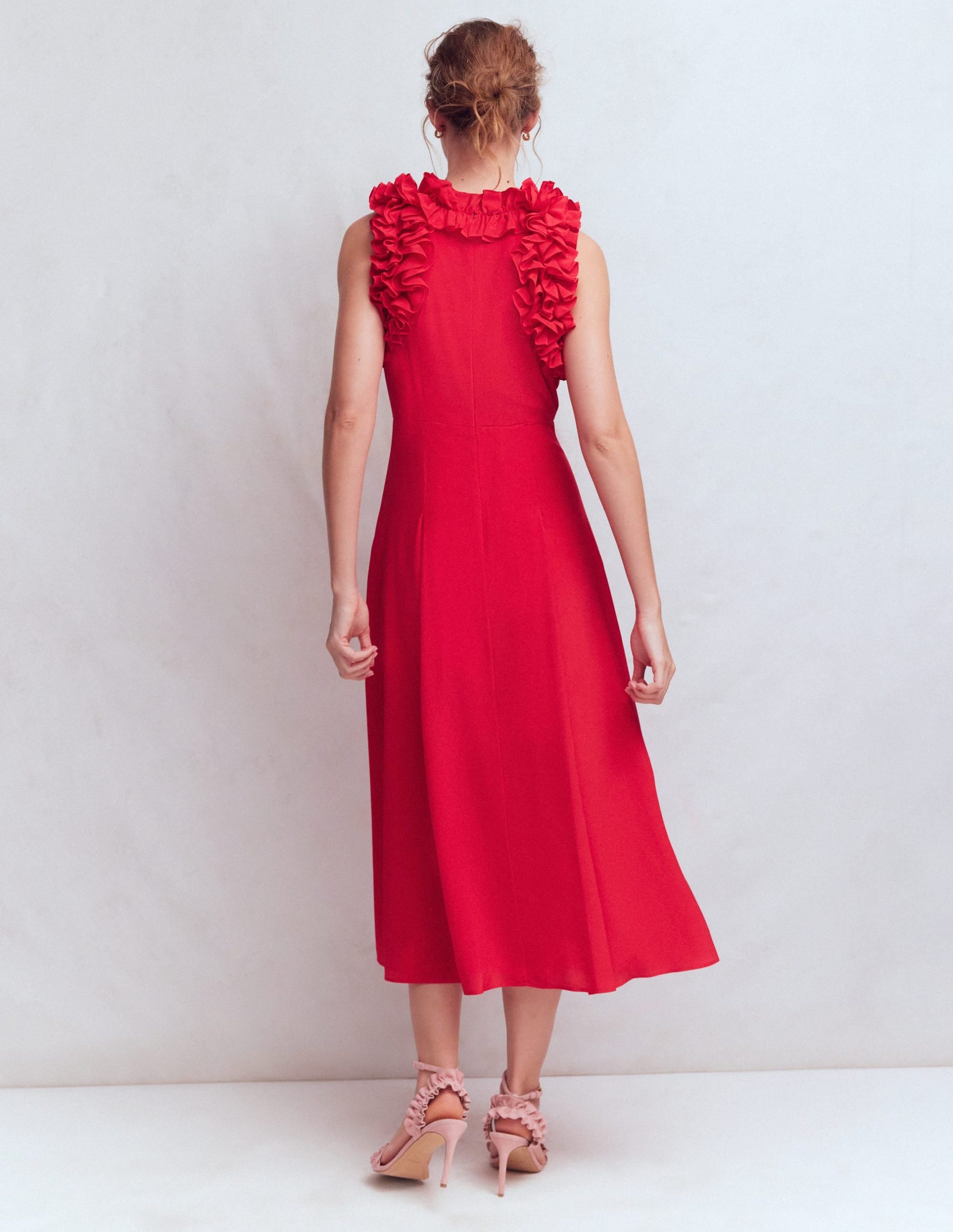 Ruffle Silk Midi Dress-Red - Image 3