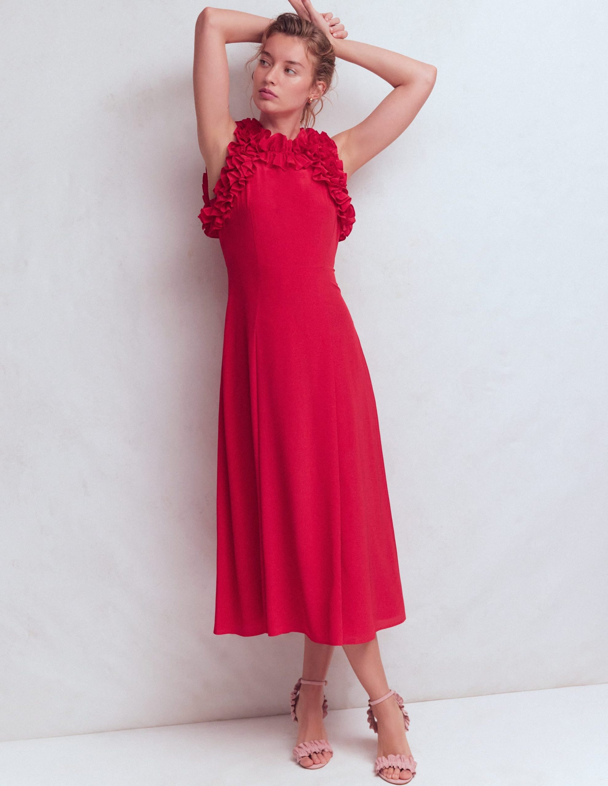 Ruffle Silk Midi Dress-Red - Image 4