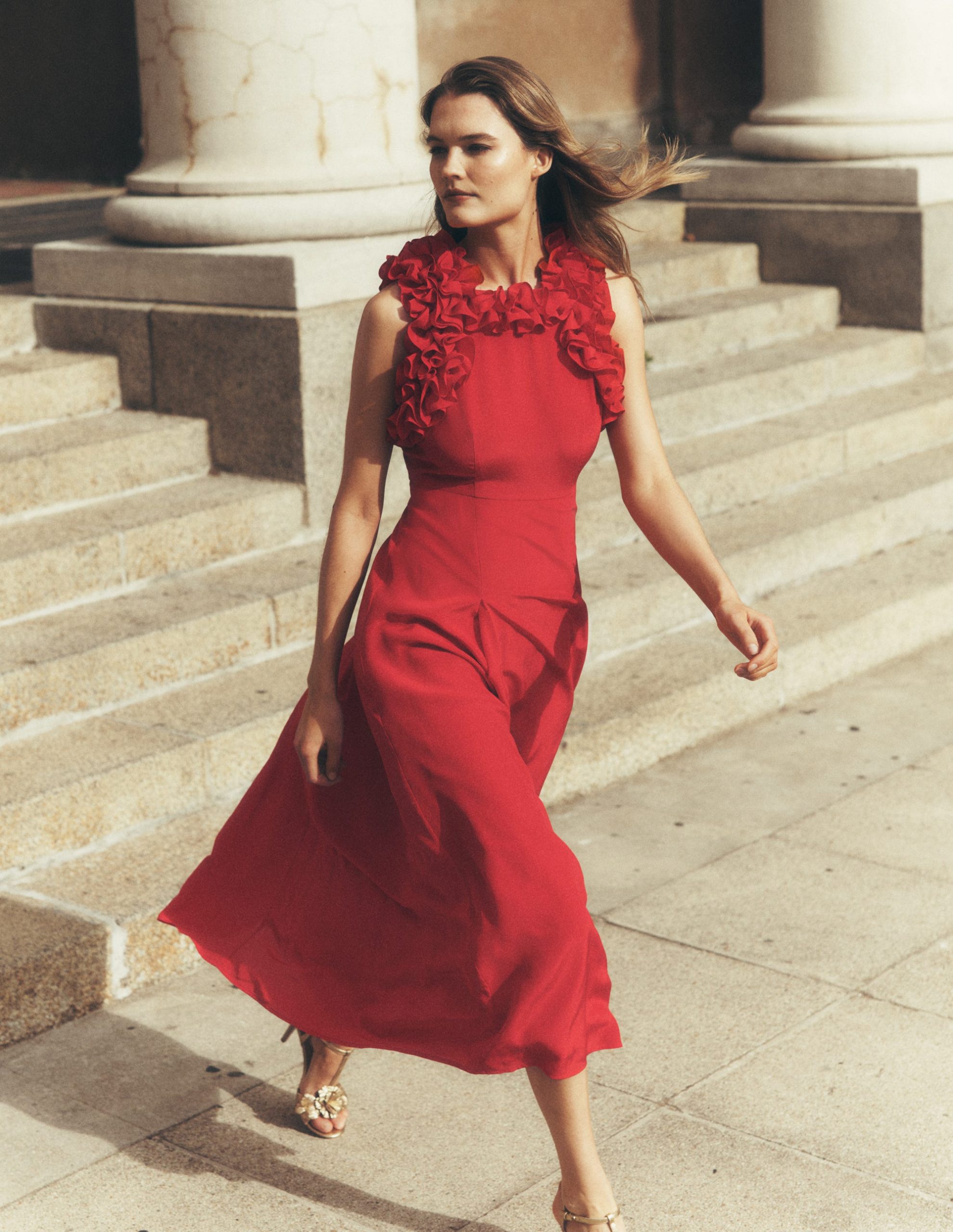 Ruffle Silk Midi Dress-Red - Image 5