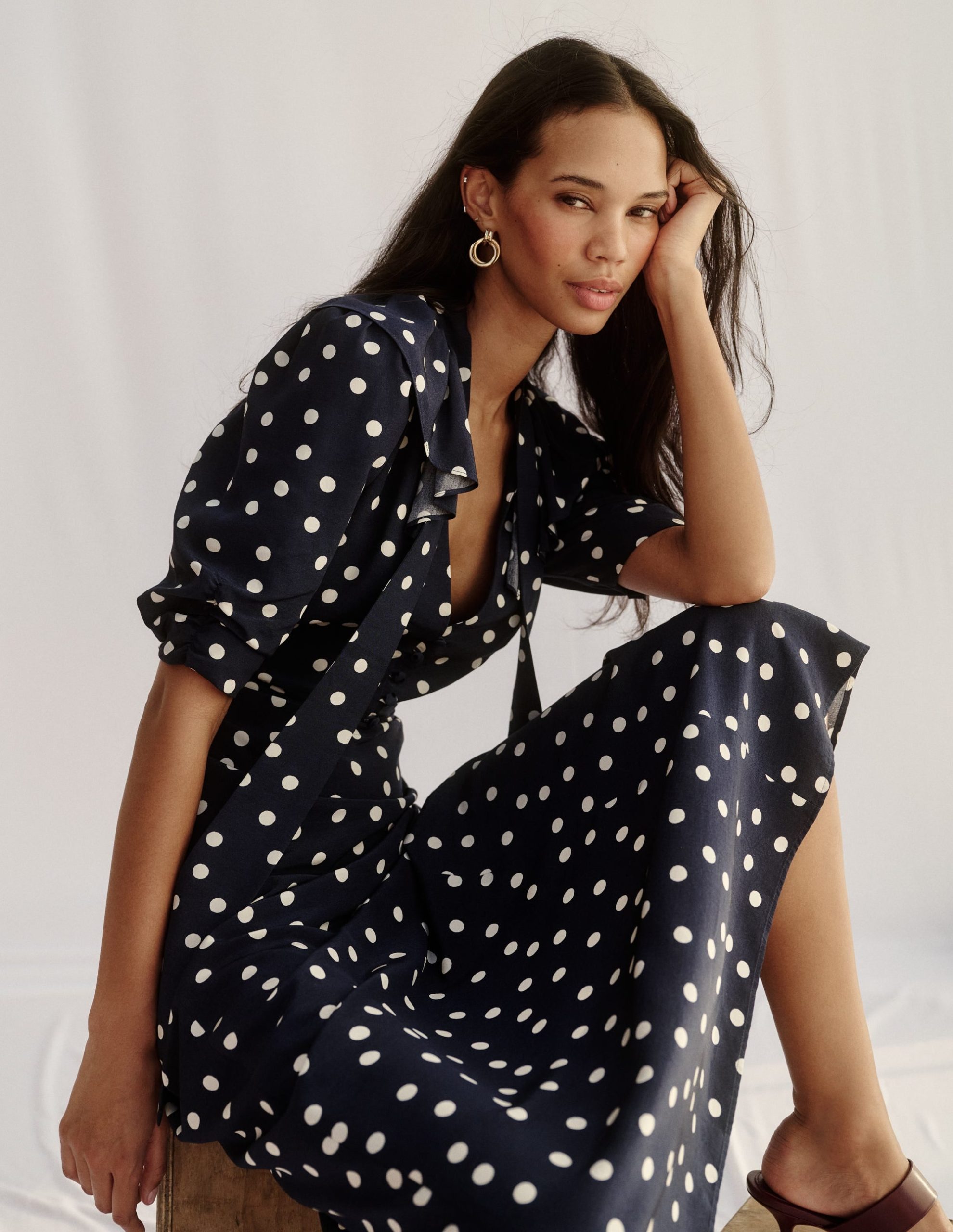 Ruffle Collar Midi Dress-French Navy Painted Spaced Dot - Image 5