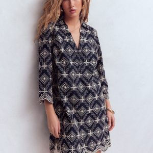 Carmen Broderie Short Dress-Navy Broderie