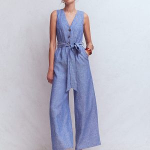 Laura V-neck Linen Jumpsuit-Authentic Blue Chambray