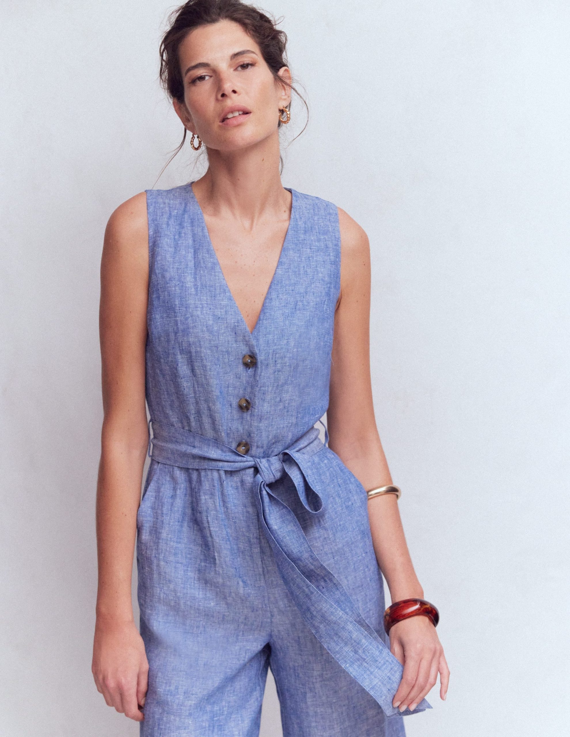 Laura V-neck Linen Jumpsuit-Authentic Blue Chambray - Image 4