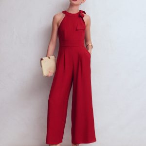 Tie Halter Neck Jumpsuit-Rich Chestnut