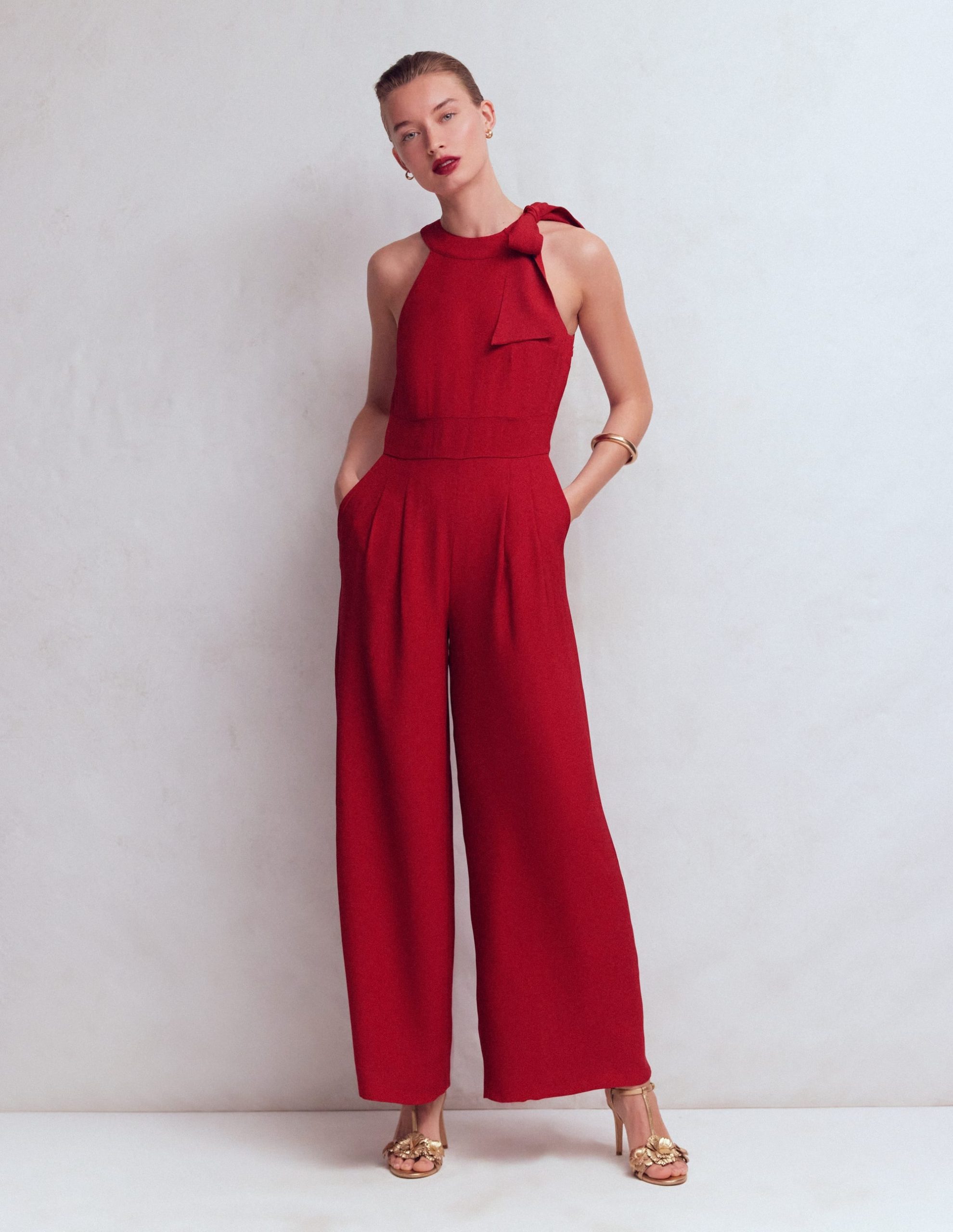 Tie Halter Neck Jumpsuit-Rich Chestnut - Image 4