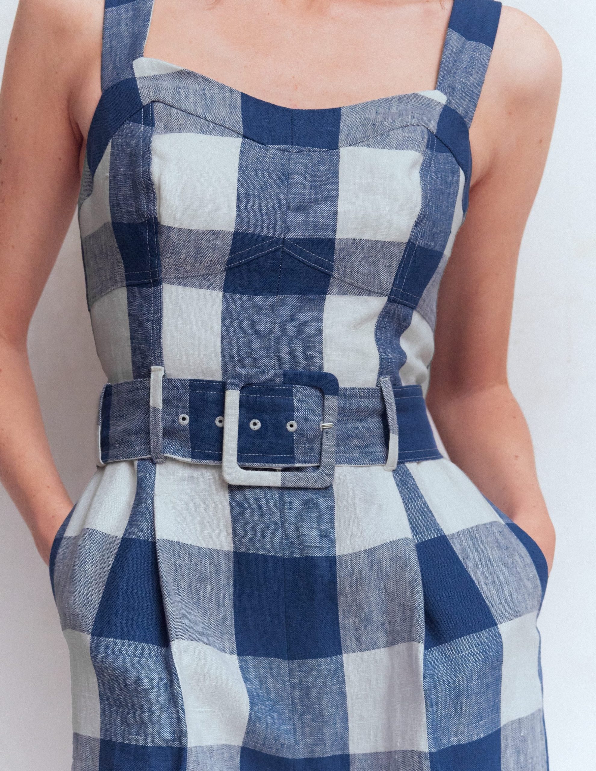 Panelled Bodice Linen Jumpsuit-Denim Blue Gingham - Image 2