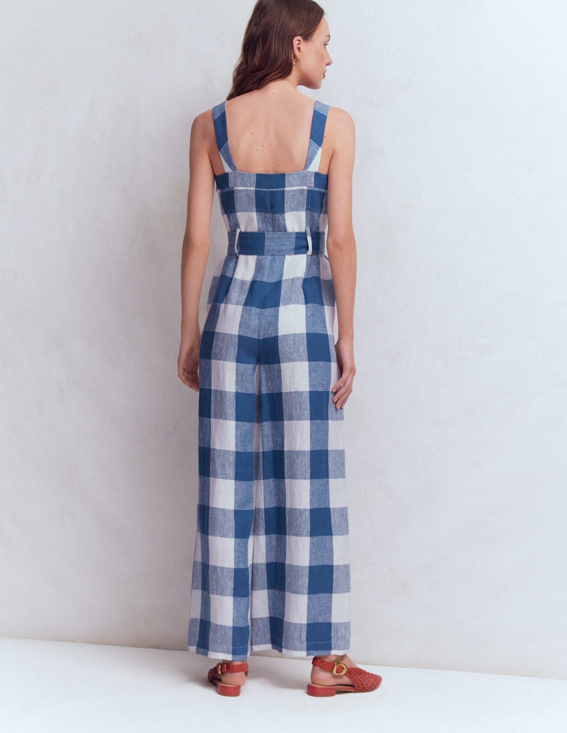 Panelled Bodice Linen Jumpsuit-Denim Blue Gingham - Image 3