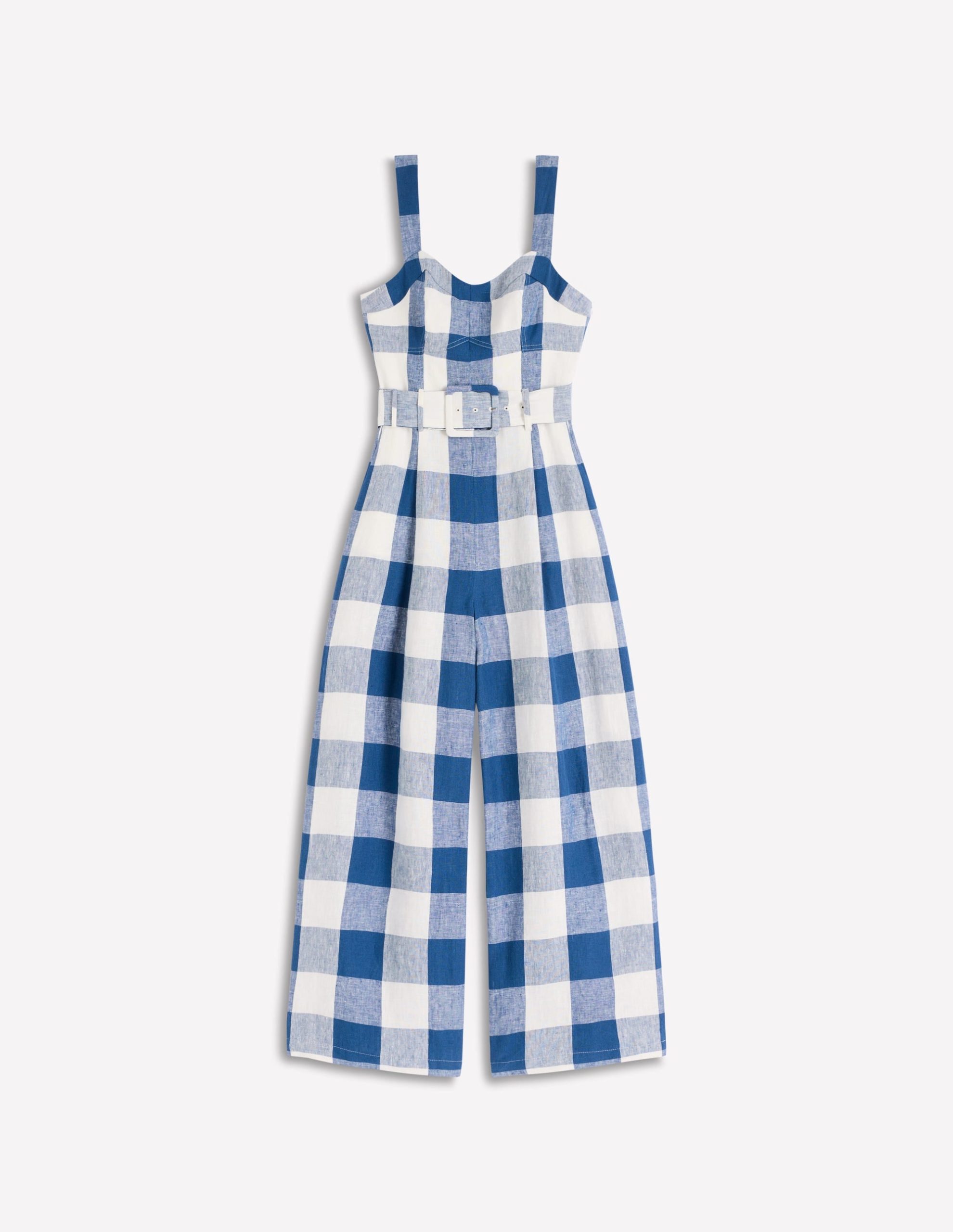 Panelled Bodice Linen Jumpsuit-Denim Blue Gingham - Image 8
