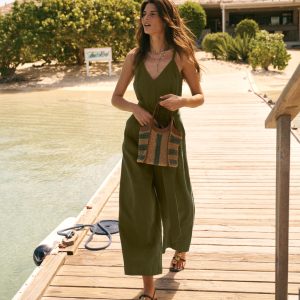 Linen Strappy Jumpsuit-Winter Moss