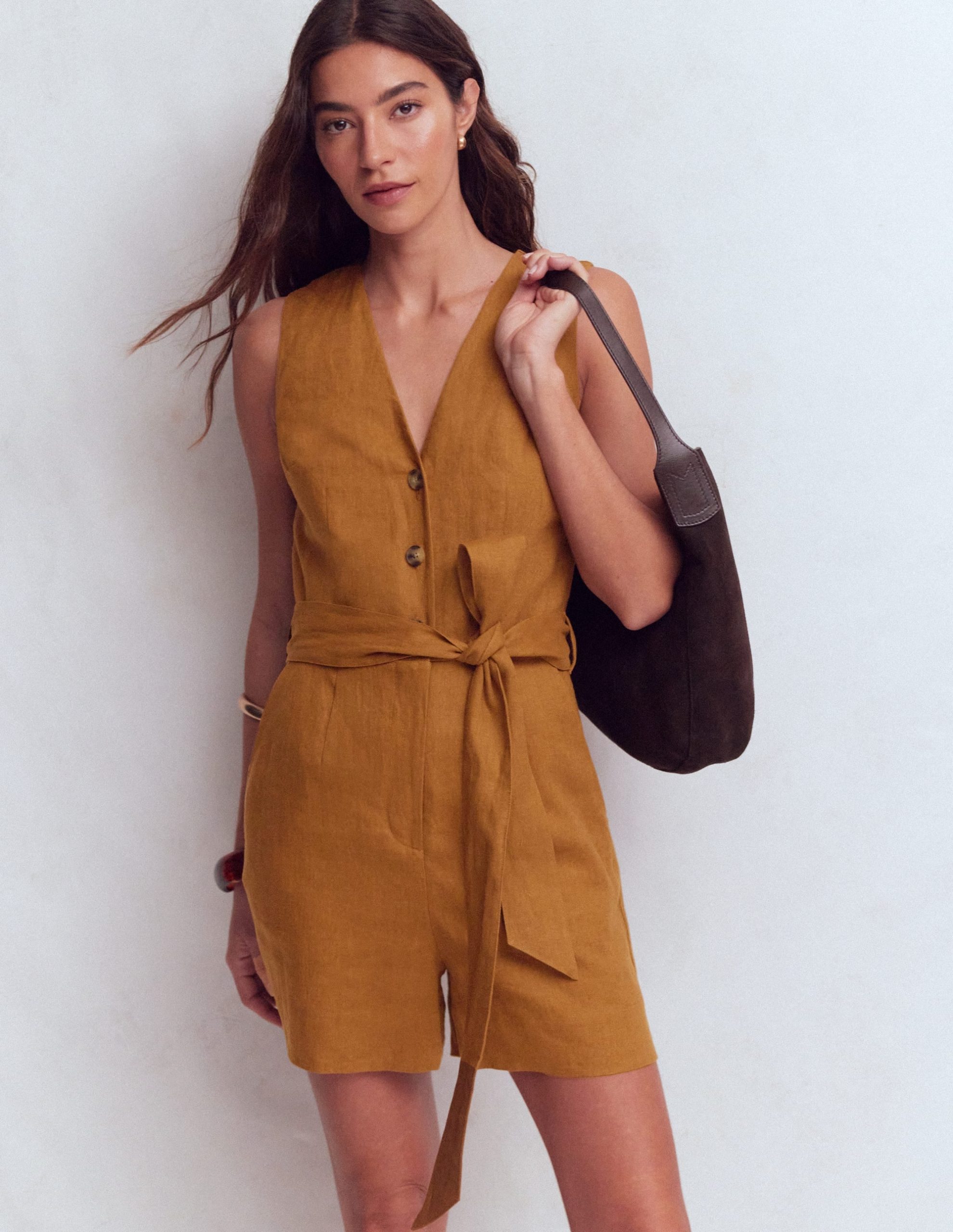 Laura V-neck Linen Playsuit-Gingerbread - Image 5