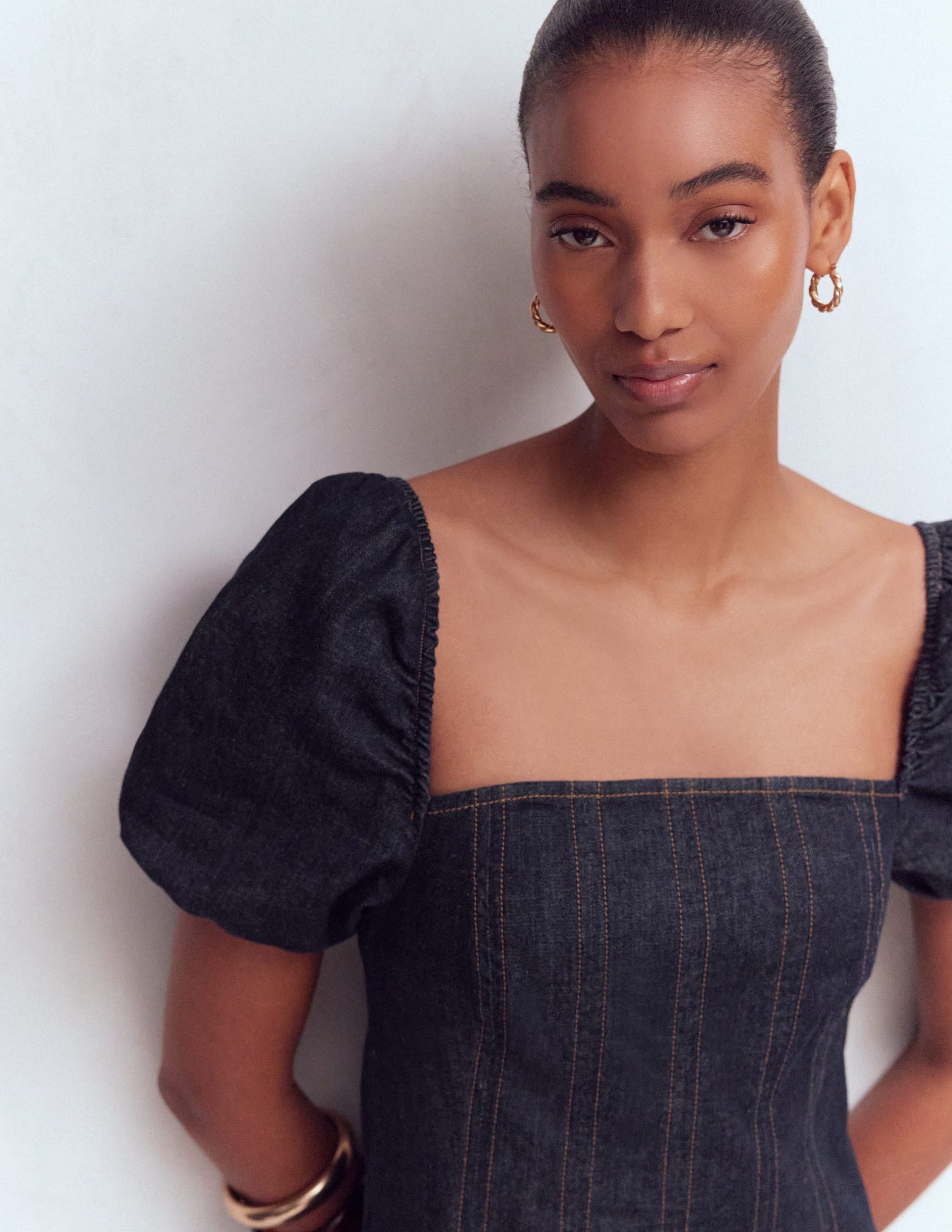 Puff Sleeve Denim Dress-Indigo - Image 2