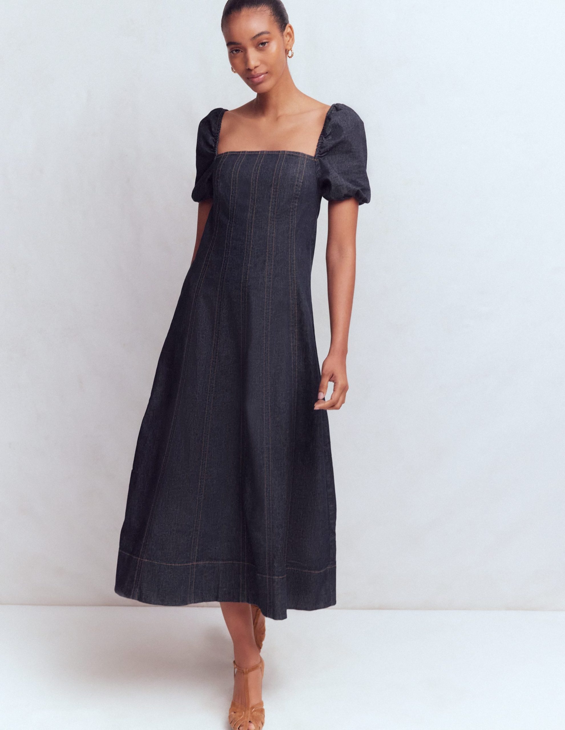 Puff Sleeve Denim Dress-Indigo - Image 5