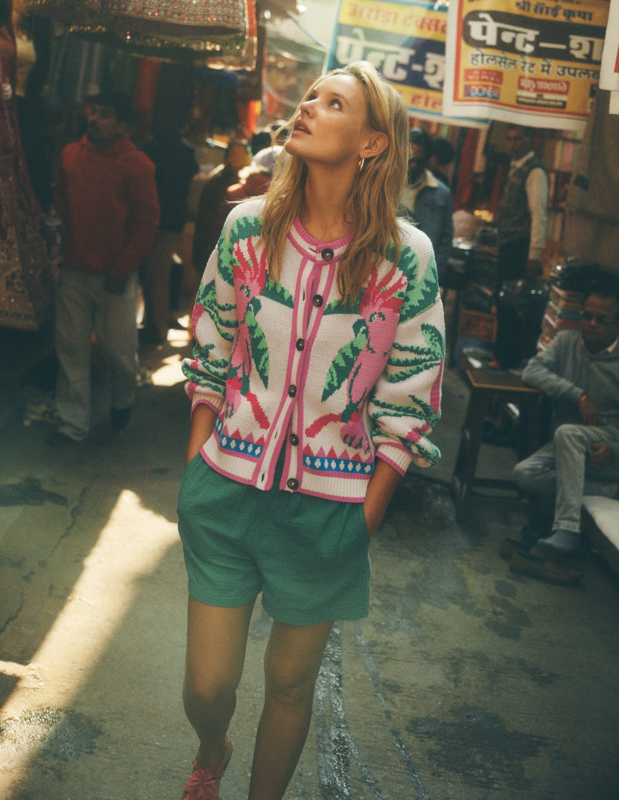 Abi Jacquard Cardigan-Warm Ivory. Palm Tree Birds - Image 8
