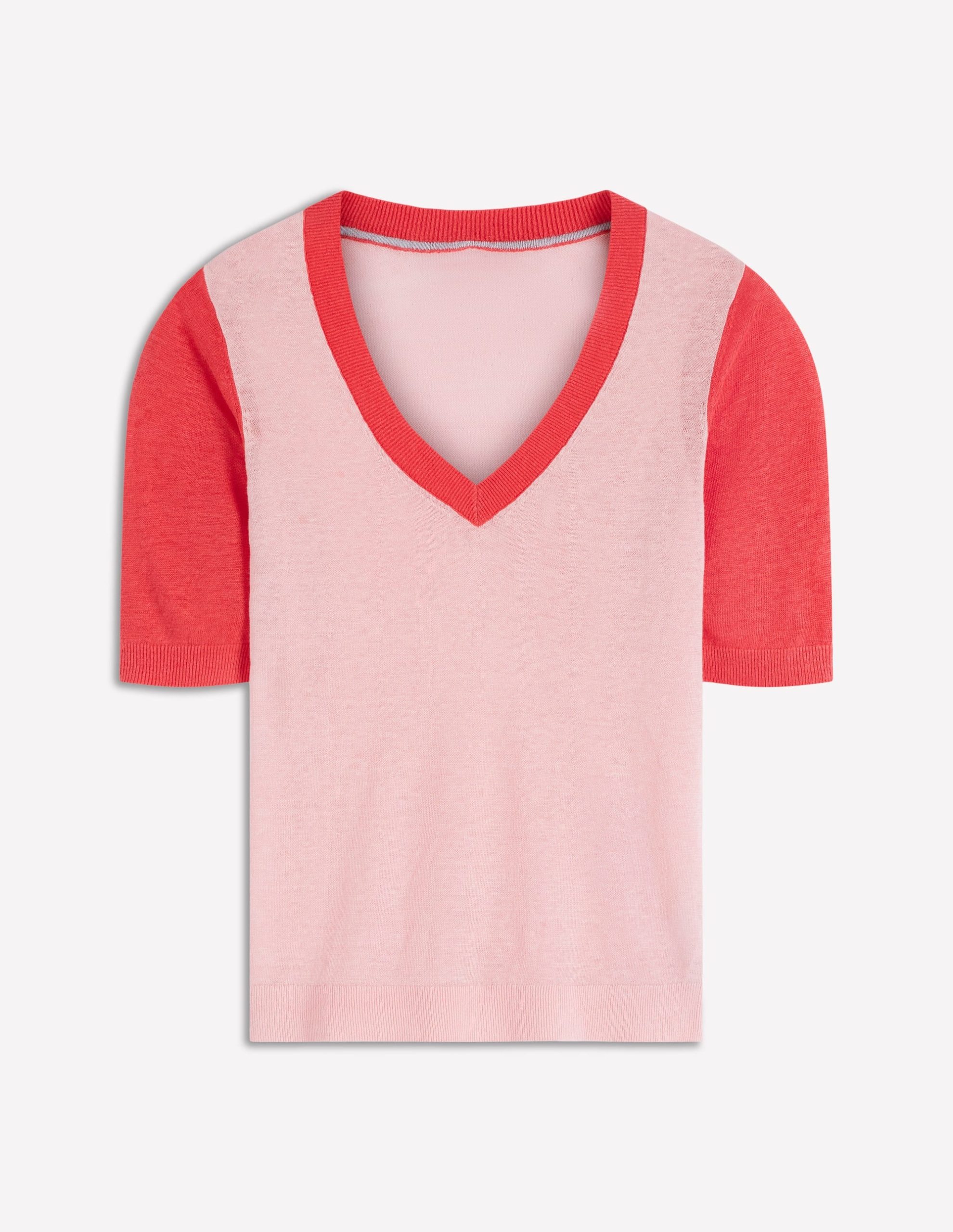 Agnes Linen V Neck T-Shirt-Pink Colour Block - Image 5