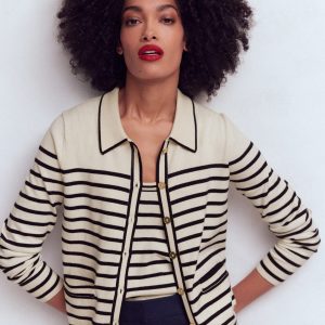 Liz Knitted Collared Cardigan-Ivory/ Navy