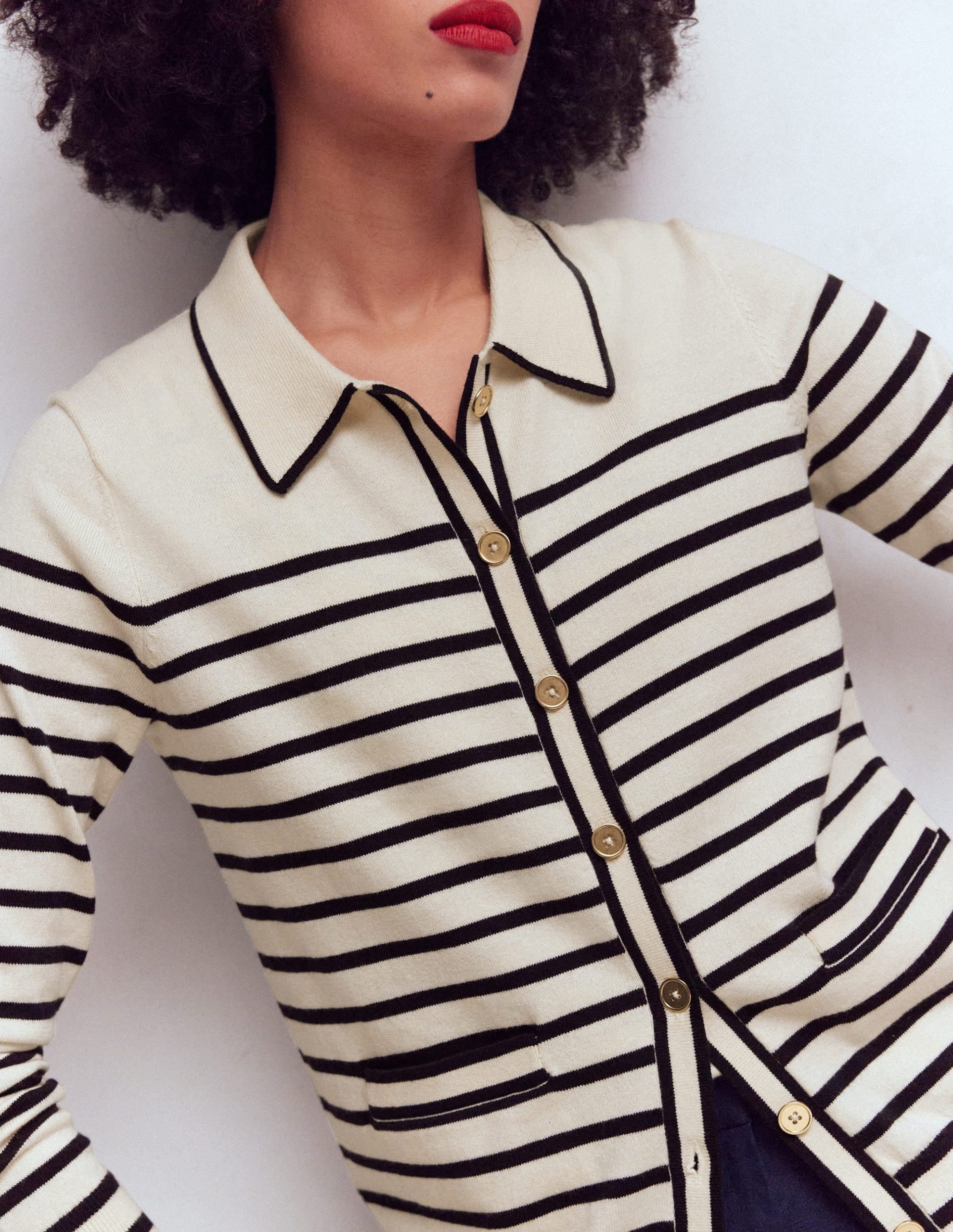 Liz Knitted Collared Cardigan-Ivory/ Navy - Image 2