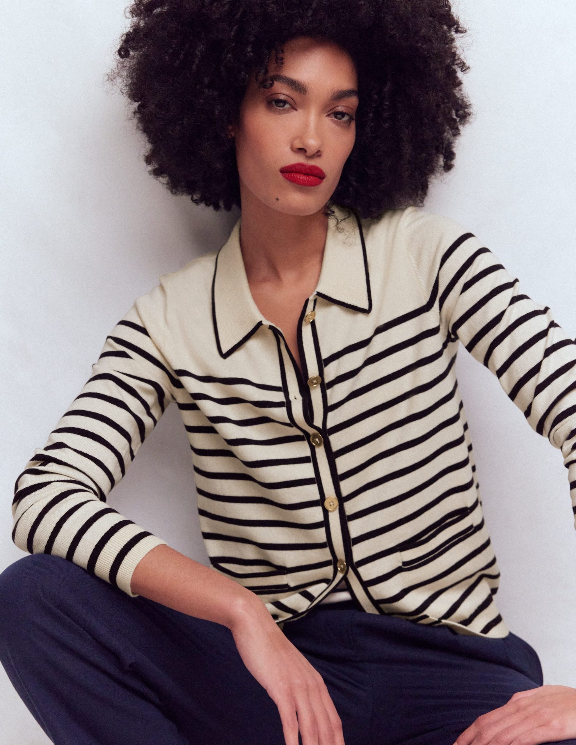 Liz Knitted Collared Cardigan-Ivory/ Navy - Image 5