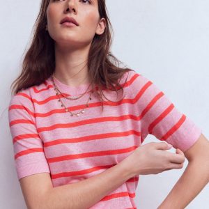 Agnes Linen Button T-Shirt-Sunkissed Coral / Formica Pink