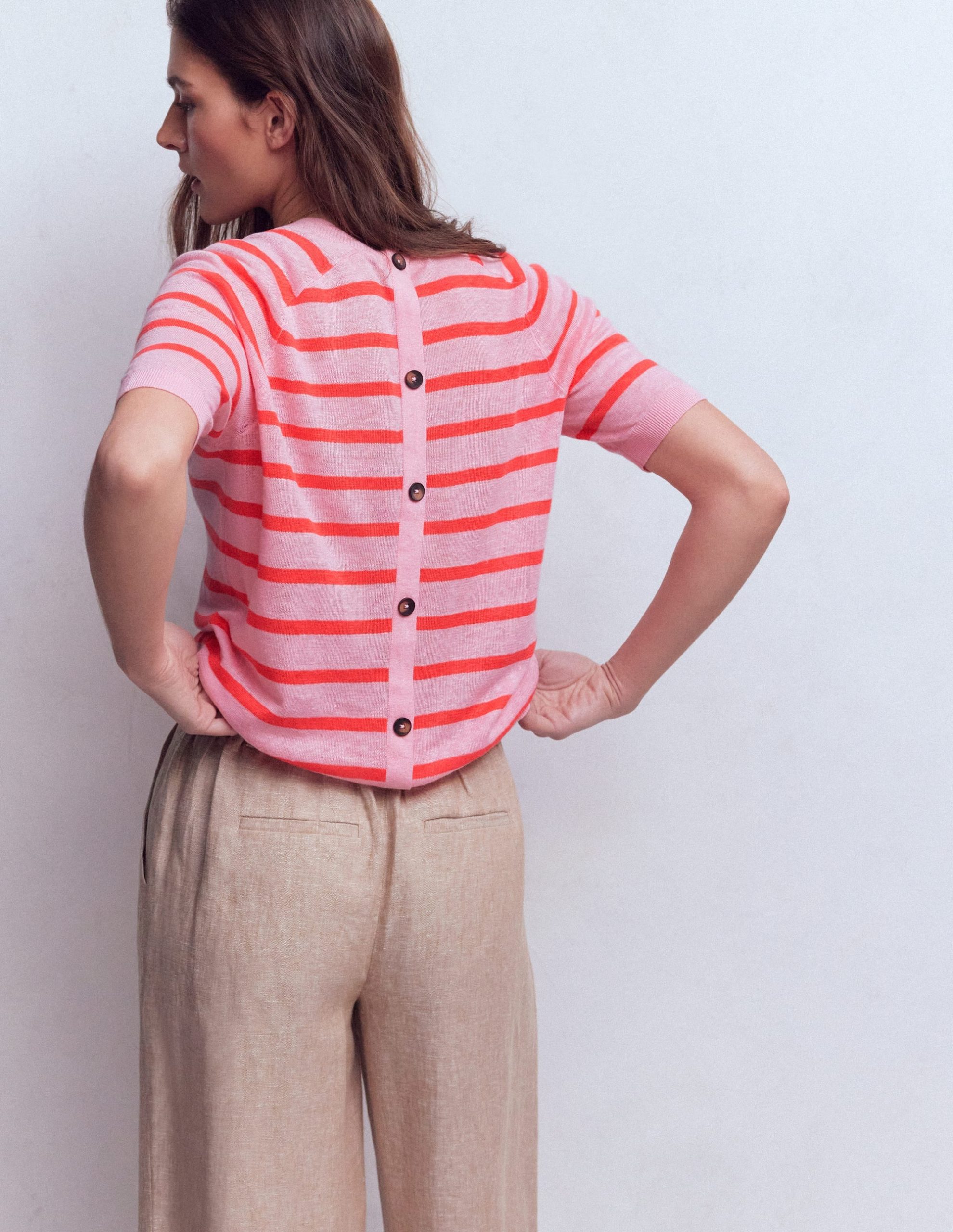 Agnes Linen Button T-Shirt-Sunkissed Coral / Formica Pink - Image 3