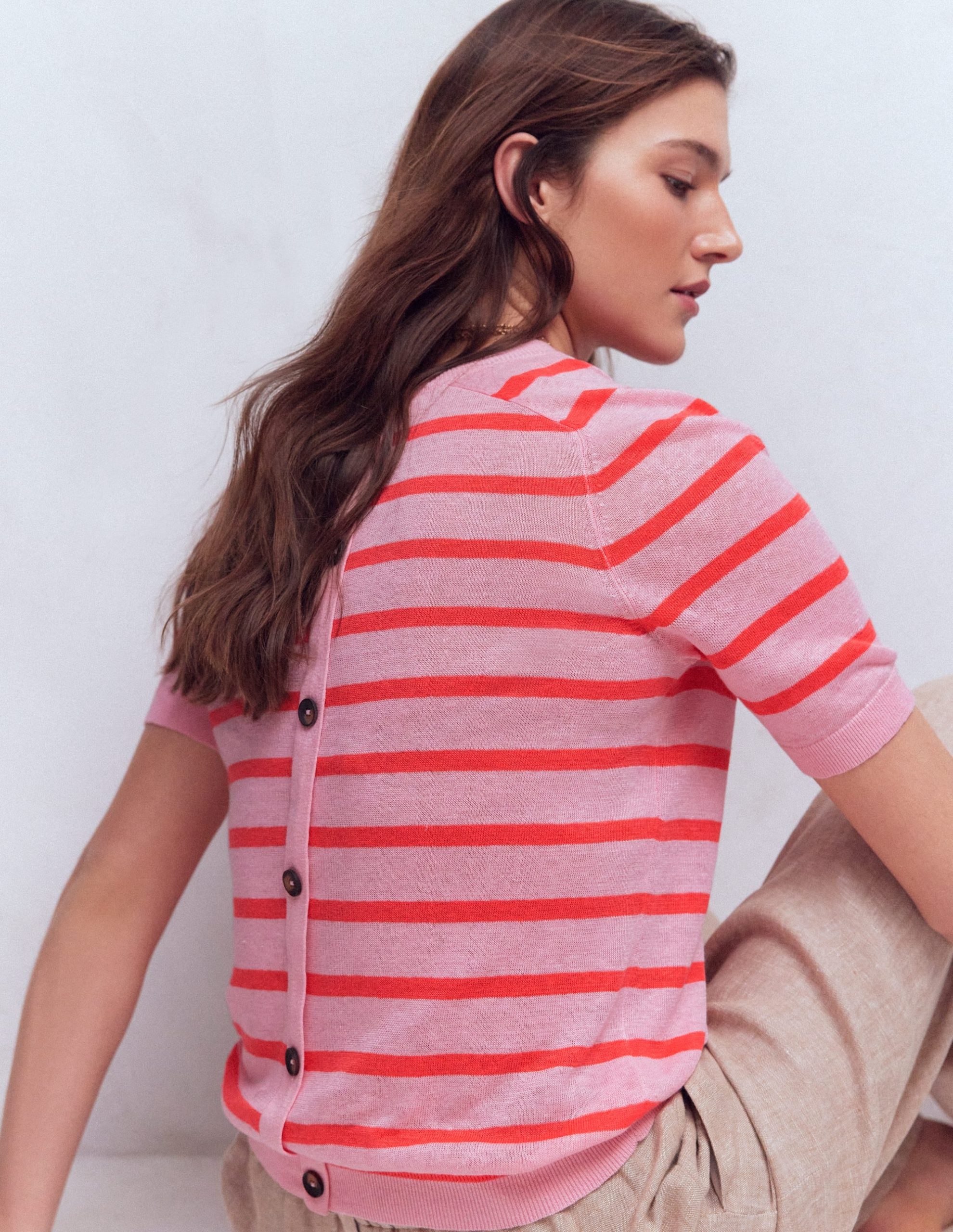 Agnes Linen Button T-Shirt-Sunkissed Coral / Formica Pink - Image 4