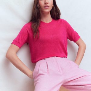 Agnes Linen Button T-Shirt-Pink Peony