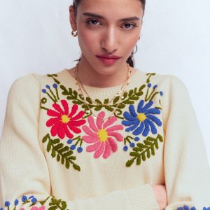 Davina Puff Sleeve Sweater-Ivory Embroidery
