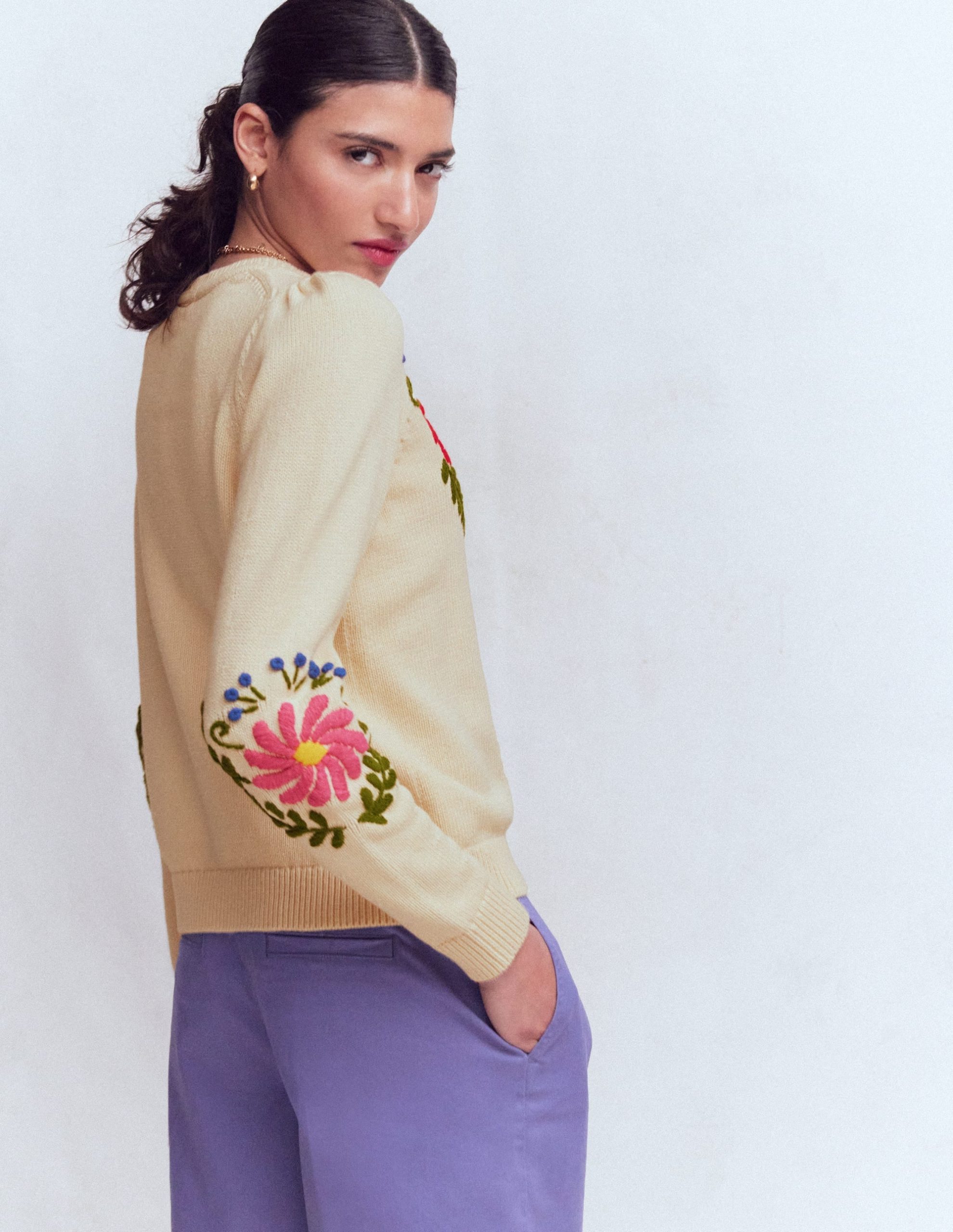 Davina Puff Sleeve Sweater-Ivory Embroidery - Image 3
