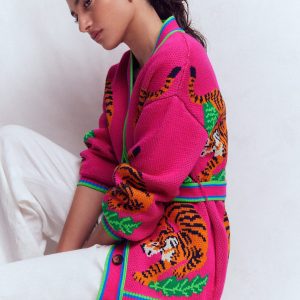 Jacquard Belted Cardigan-Pink Yarrow Tigers