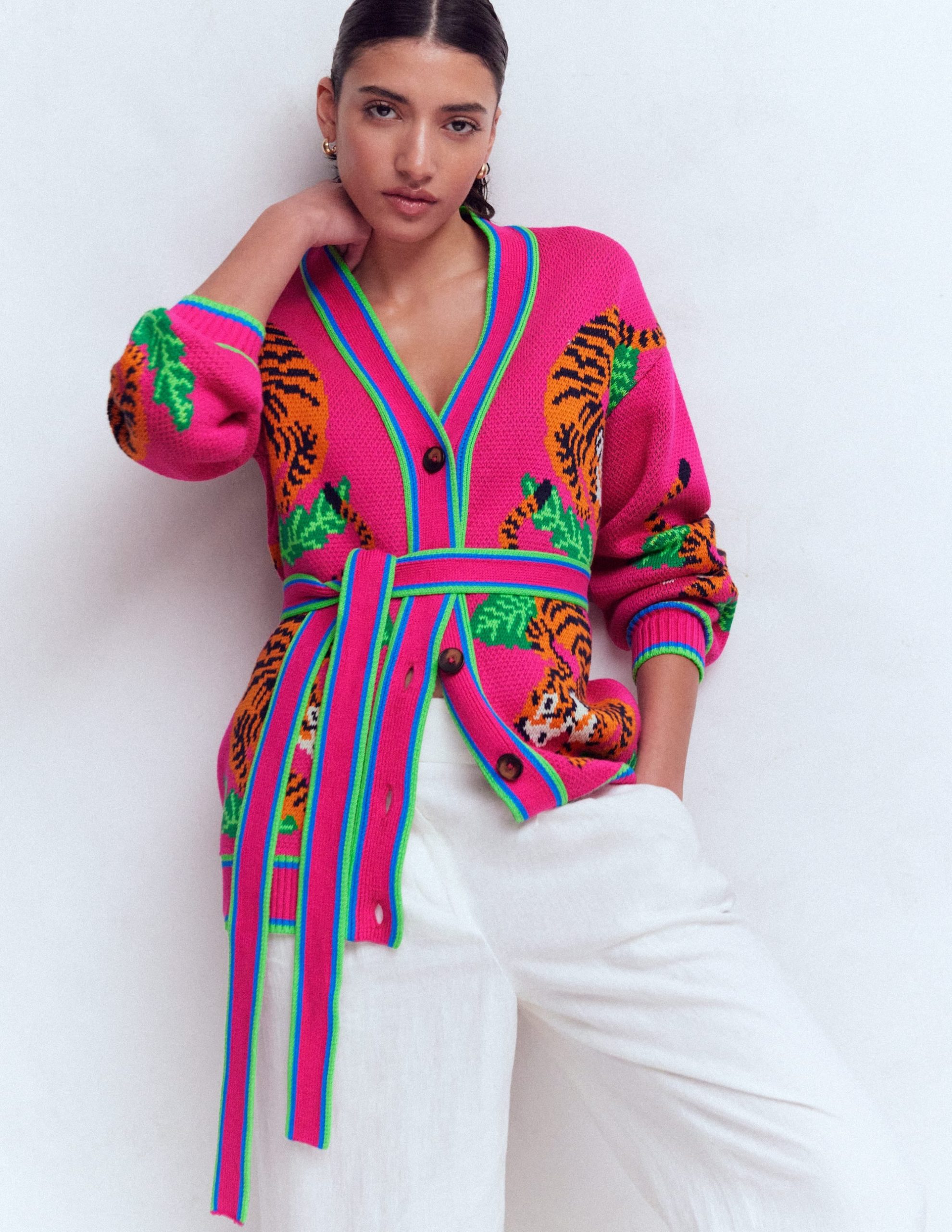 Jacquard Belted Cardigan-Pink Yarrow Tigers - Image 3