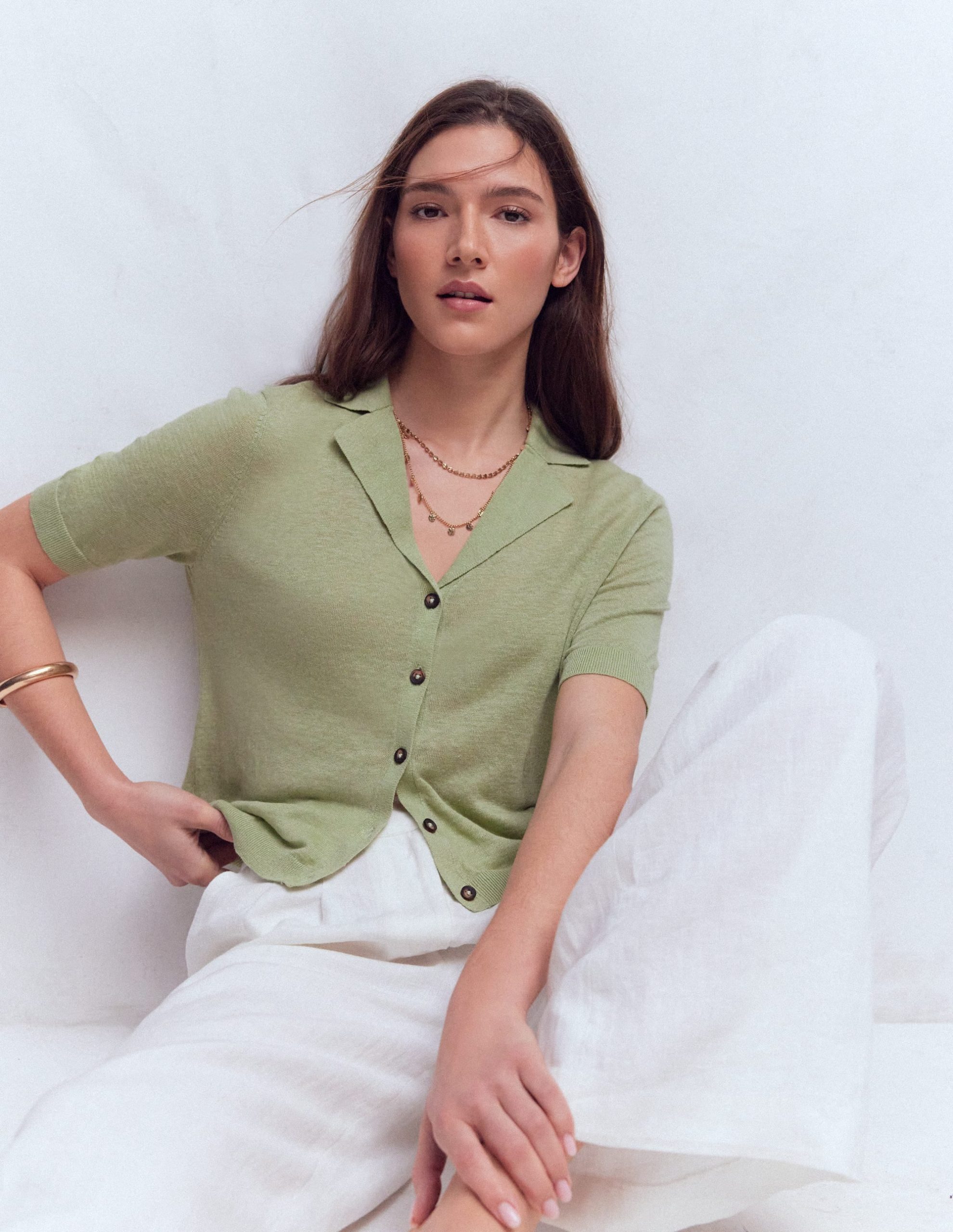 Agnes Collar Linen Cardigan-Green - Image 2