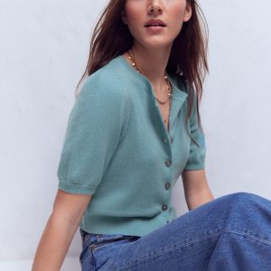 Cropped Cashmere Cardigan-Misty Blue