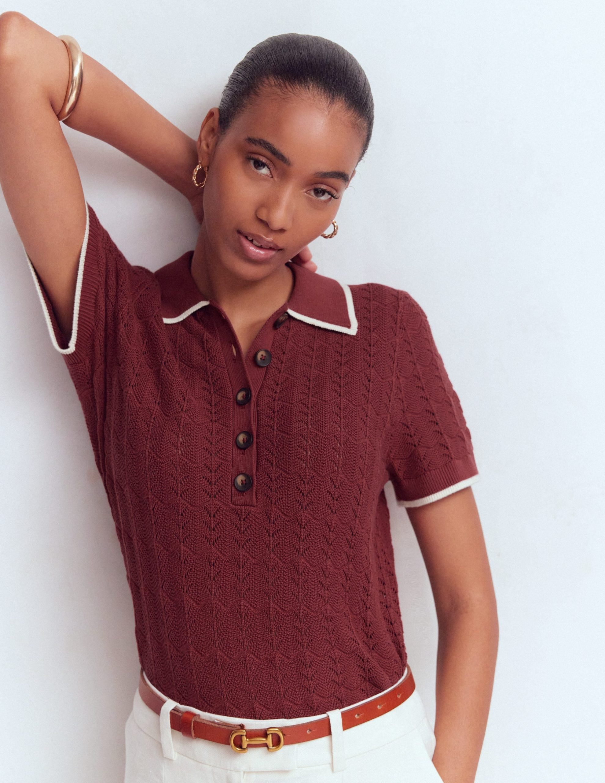 Pointelle Henley T-shirt-Rich Chestnut - Image 4