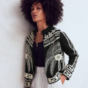 Elena Stand Neck Jacket-Black Embroidery