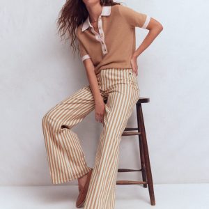 High Rise Wide Leg Jeans-Ecru Tan Stripe
