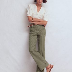 High Rise Column Leg Jeans-Olive Ecru Stripe