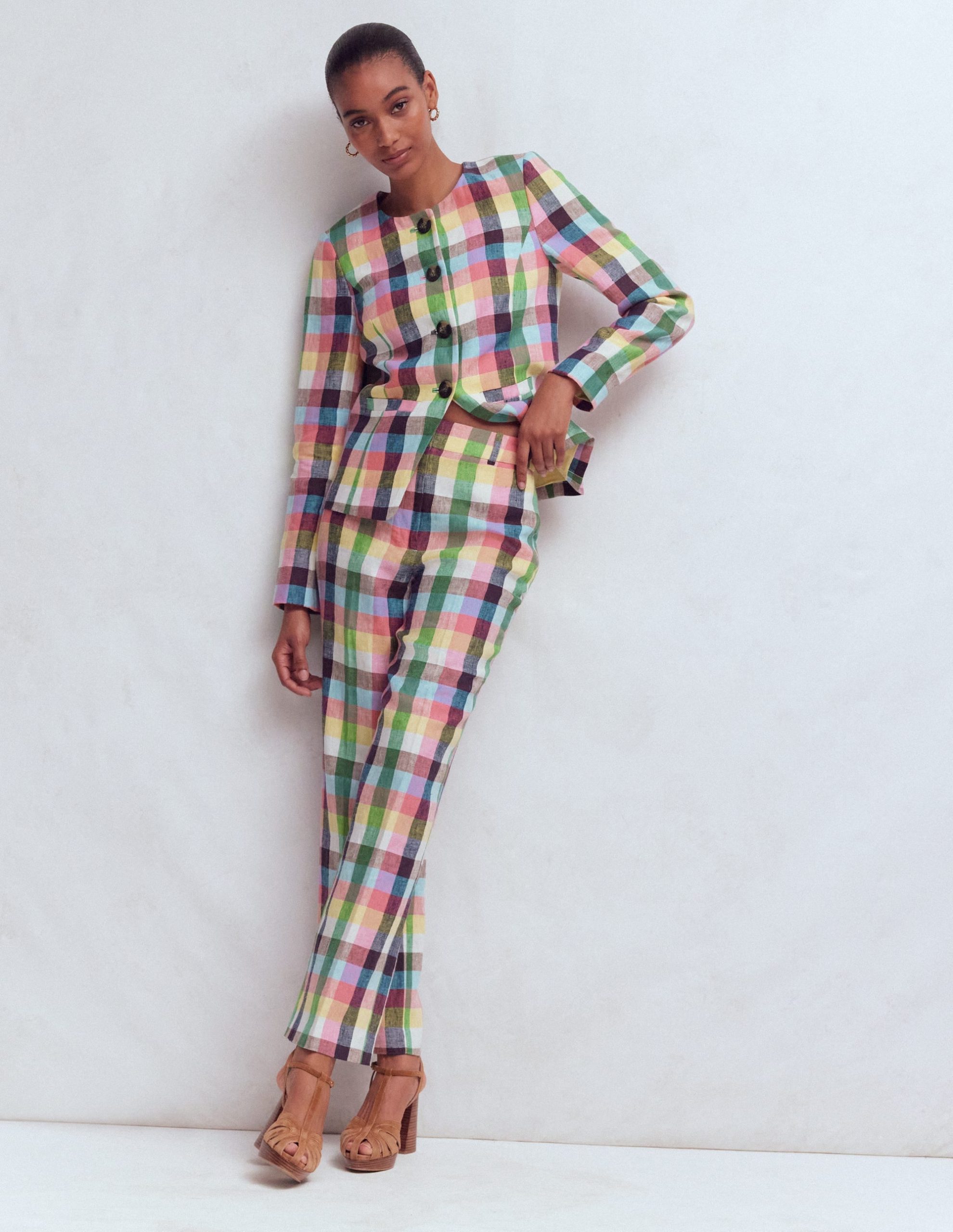 Canonbury 7/8 Linen Pants-Soft Yellow. Pink Multigingham - Image 2