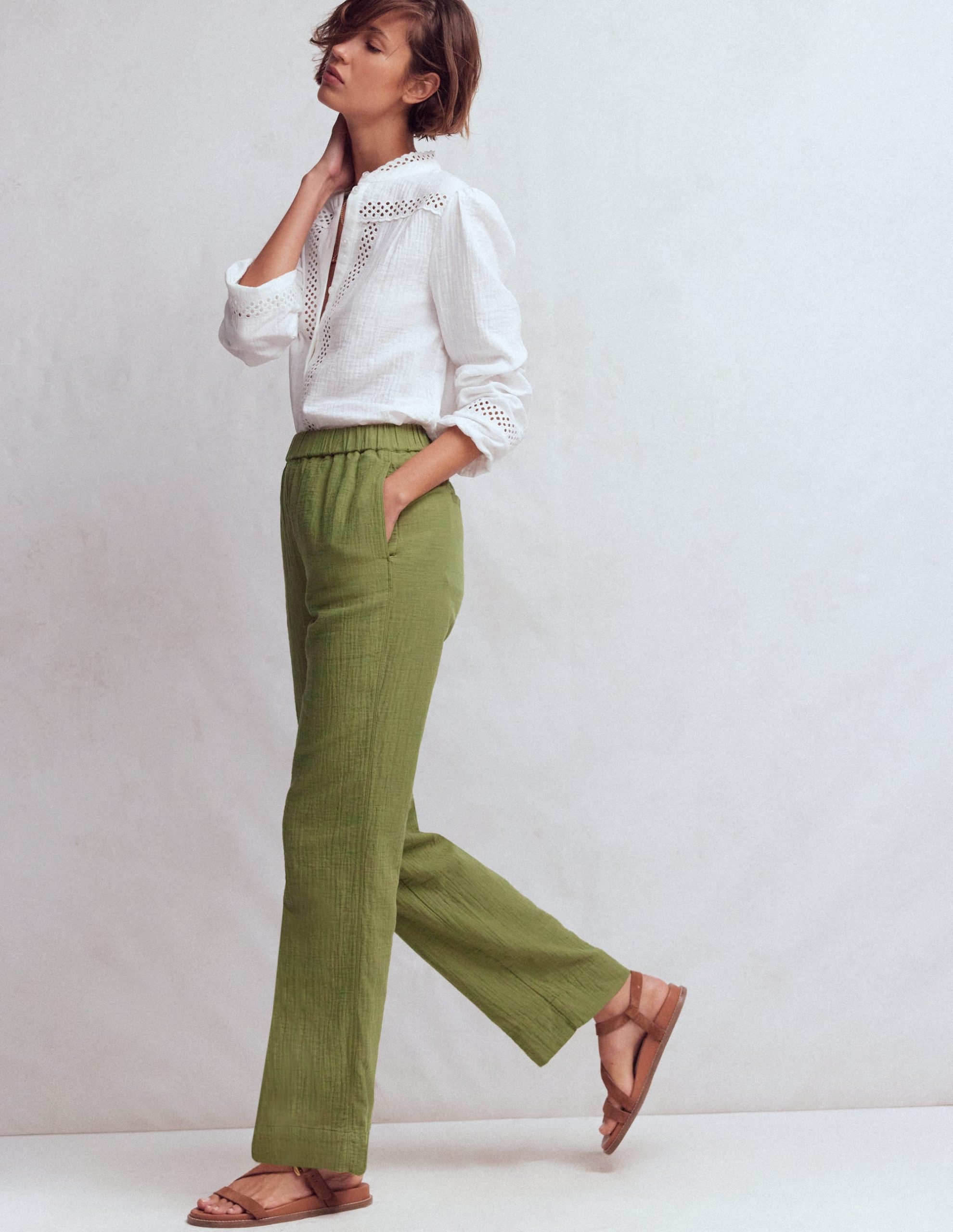 Pull On Double Cloth Pants-Olive Green
