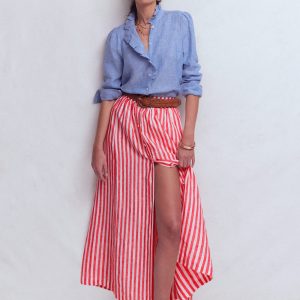 Emma Linen Maxi Skirt-Bright Cherry and Ivory Stripe