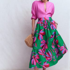 Abigail Poplin Maxi Skirt-Green. Daisy Cascade