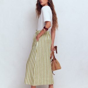 Layla Linen Skirt-Green Stripe
