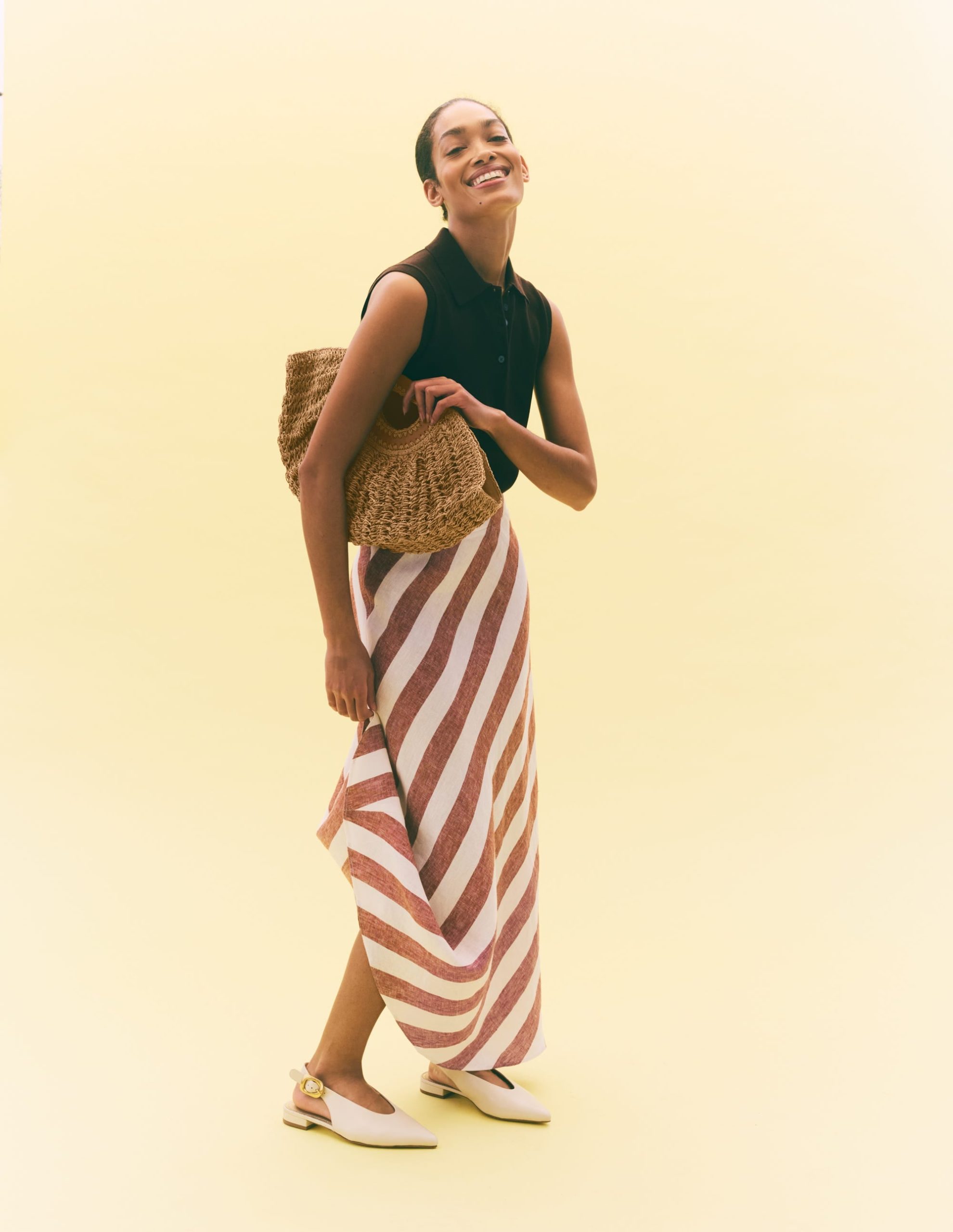 Bias Cut Linen Slip Skirt-Brown Diagonal Stripe - Image 6