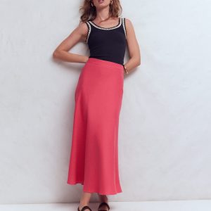 Bias Cut Linen Slip Skirt-Cherry Blush