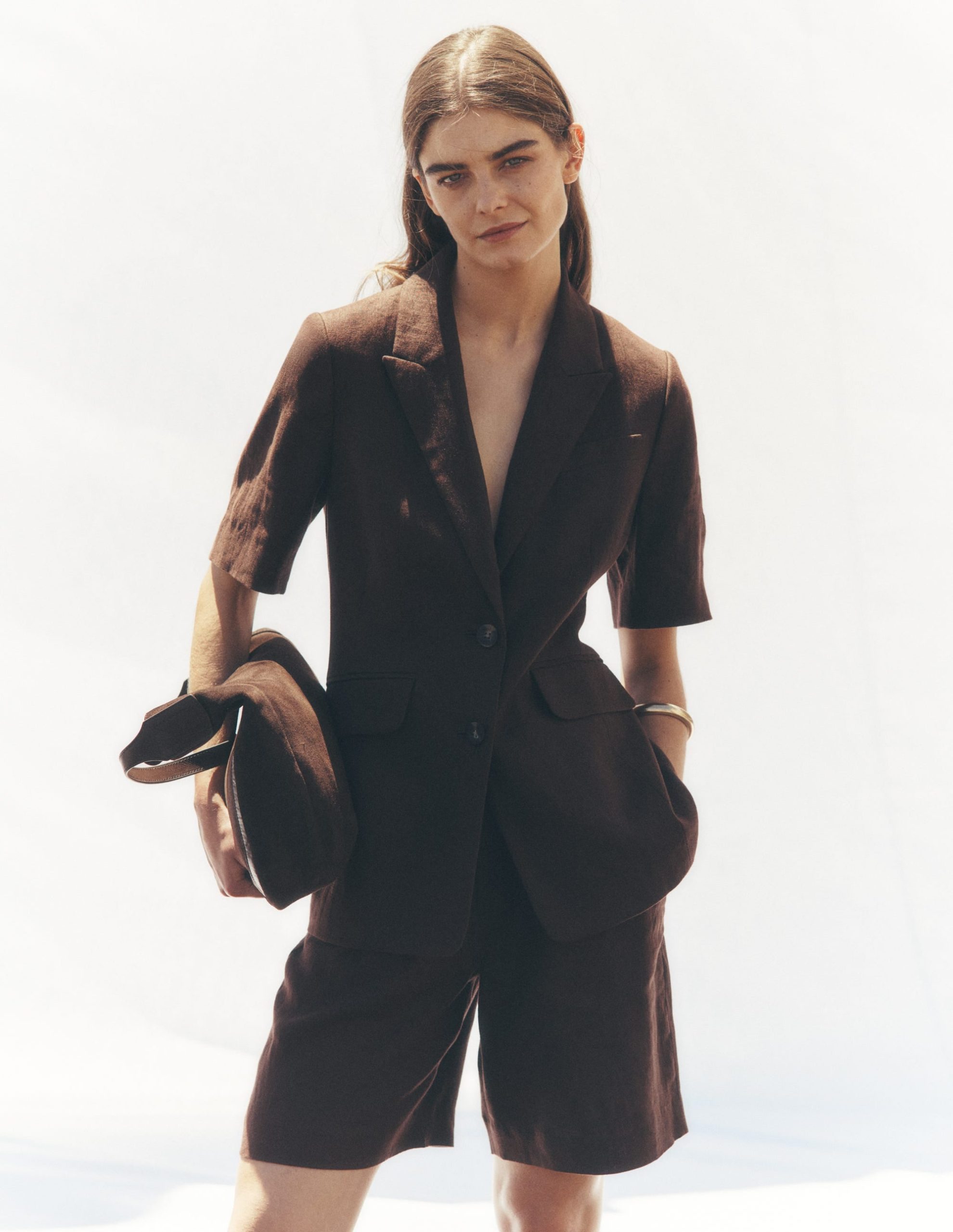 Chelsea Belted Linen Shorts-Bitter Chocolate - Image 6