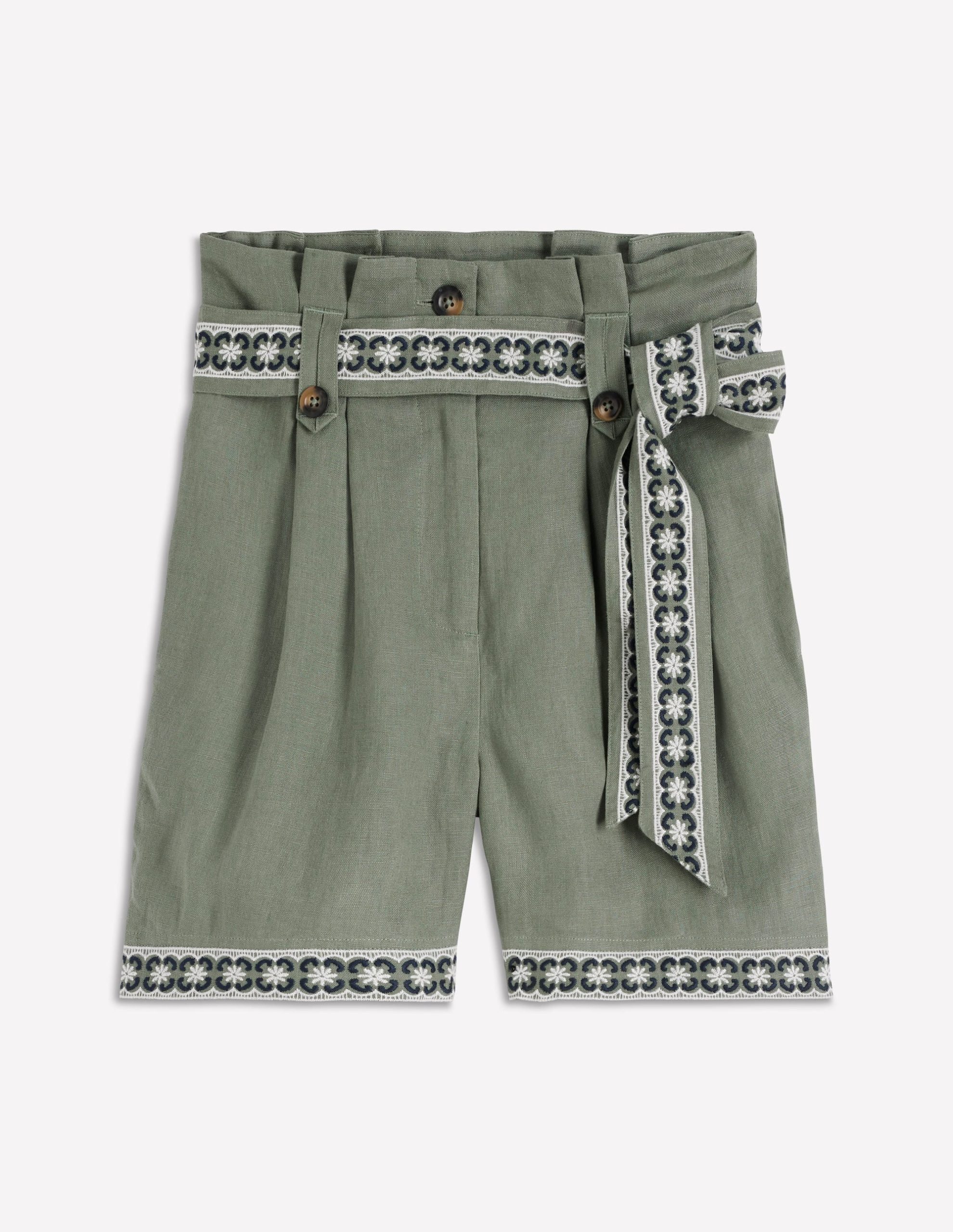 Paperbag Linen Belted Shorts-Green Grey Embroidery - Image 6