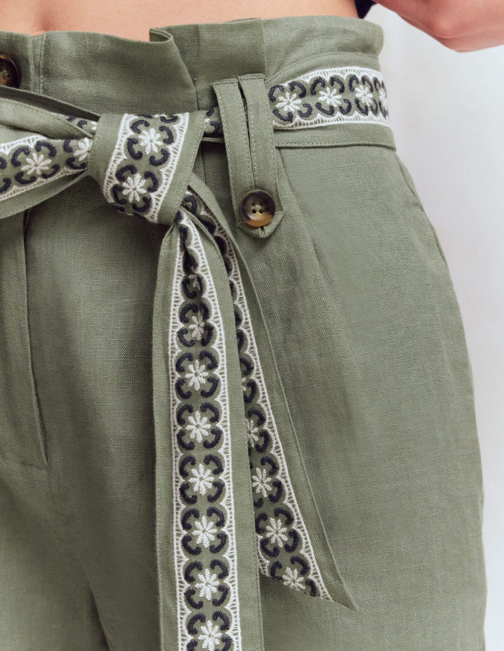 Paperbag Linen Belted Shorts-Green Grey Embroidery - Image 2