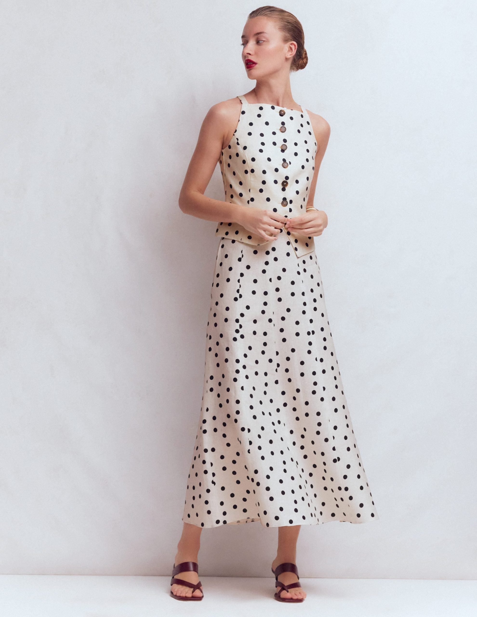 Miriam Linen Maxi Skirt-Ivory. Painted Dot