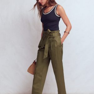 Paperbag Waist Trousers-Woodland Green