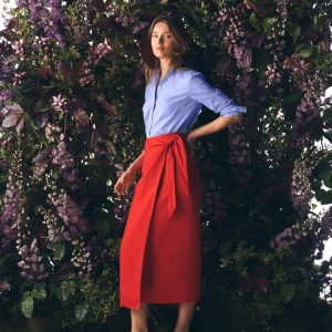 Dimitra Linen Column Skirt-Red Coral